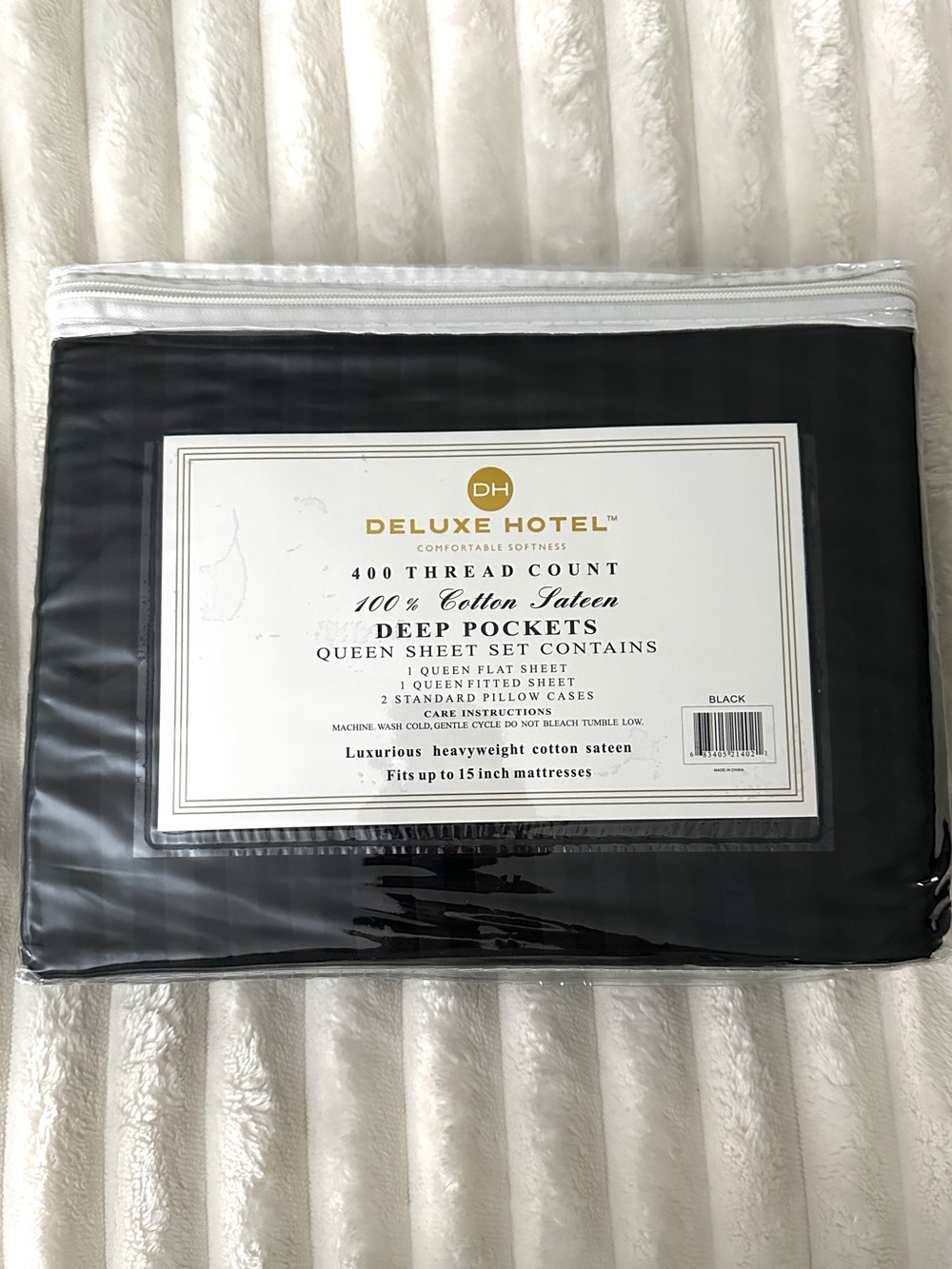 100% Cotton Sateen 400 Thread Count QUEEN sheet set Black Striped NEW NWT